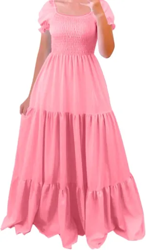 Women's Summer Maxi Dress Square Neck Puff Short Sleeve Flowy Sundresses Casual Baggy Smocked Tiered Ruffle Dresses