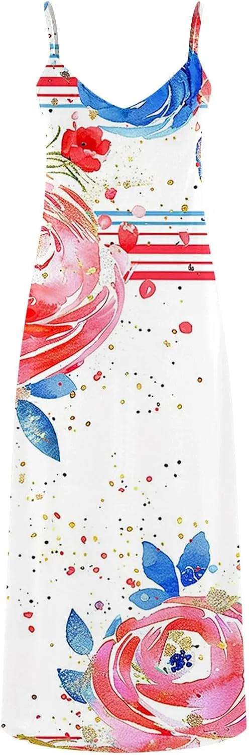 Womens Summer Maxi Dresses Floral Spaghetti Strap Sundress Casual Long Sun Dress Travel Wear Beach Vneck Boho Dresses