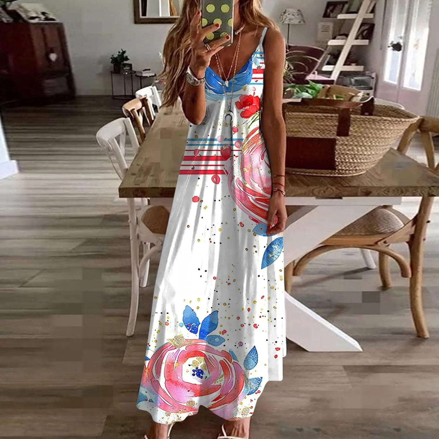 Womens Summer Maxi Dresses Floral Spaghetti Strap Sundress Casual Long Sun Dress Travel Wear Beach Vneck Boho Dresses