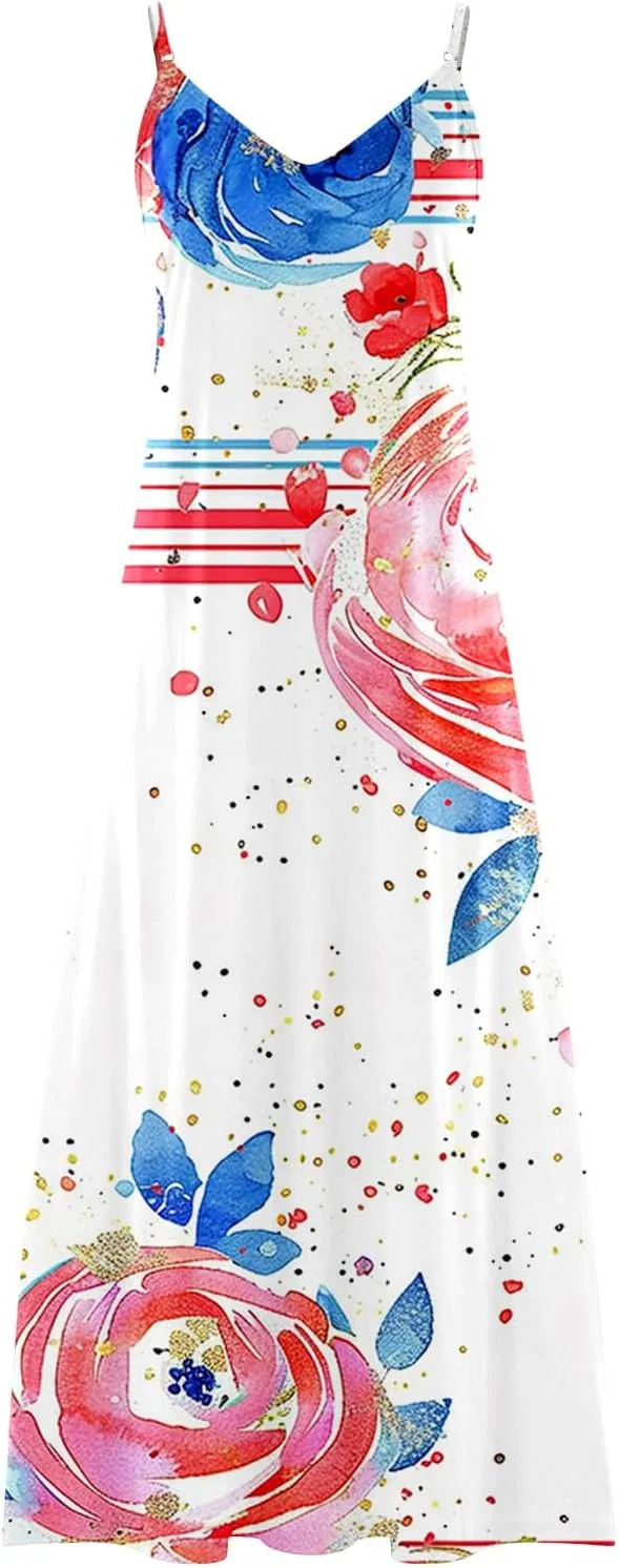 Womens Summer Maxi Dresses Floral Spaghetti Strap Sundress Casual Long Sun Dress Travel Wear Beach Vneck Boho Dresses