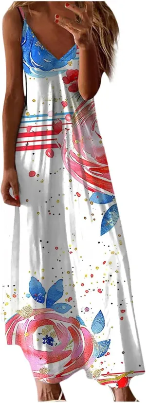 Womens Summer Maxi Dresses Floral Spaghetti Strap Sundress Casual Long Sun Dress Travel Wear Beach Vneck Boho Dresses