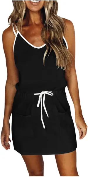 Womens Summer Mini Dresses Hawaiian Palm Tree Print Striped Spaghetti Straps Going Out Dresses Cocktail Party Sundress