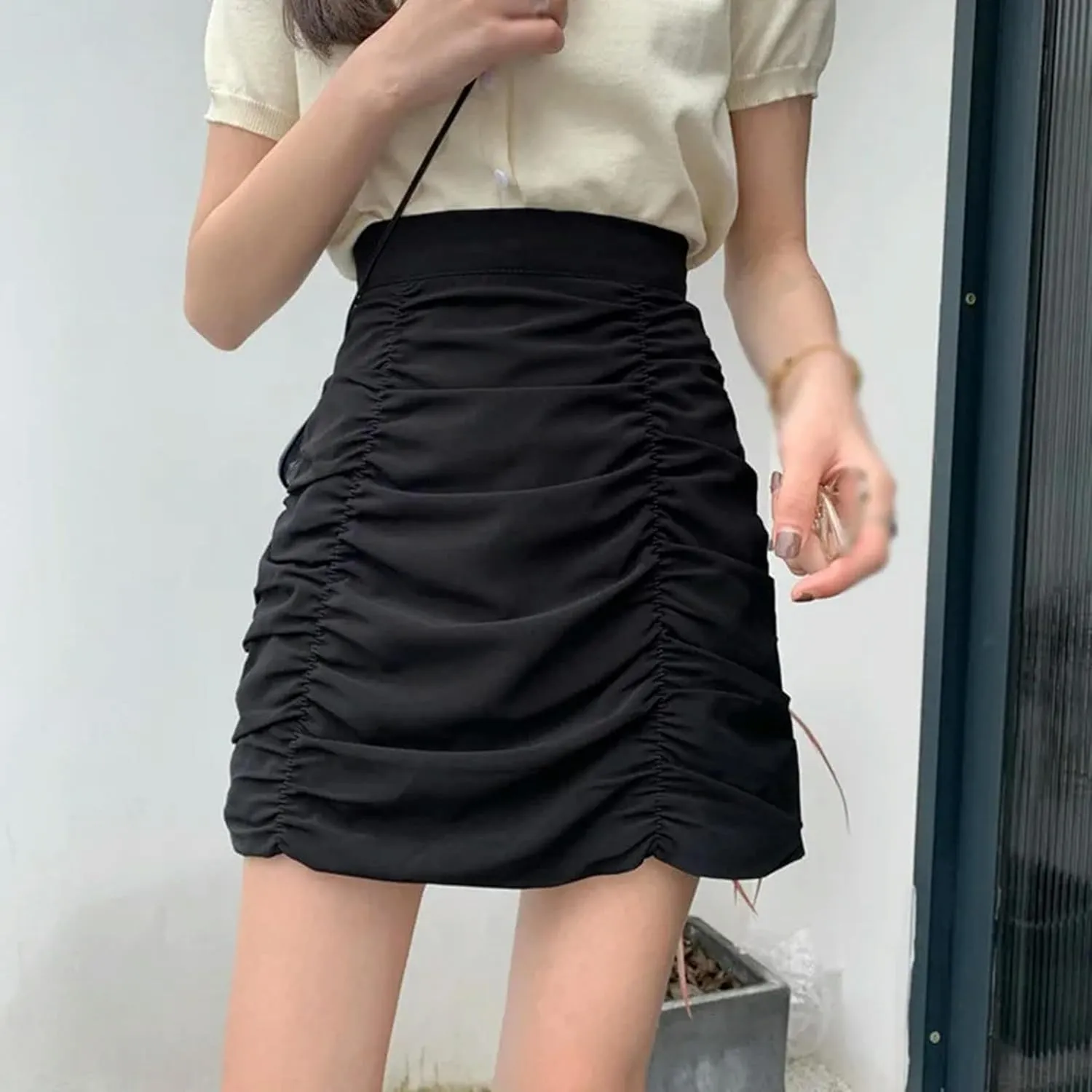 Women's Summer Skirt High Waist Pleated Mini Skirt Casual Stretchy Band Skater Skirt-Black-XL
