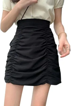 Women's Summer Skirt High Waist Pleated Mini Skirt Casual Stretchy Band Skater Skirt-Black-XL