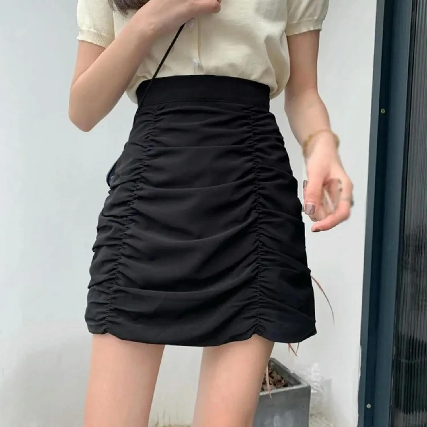 Women's Summer Skirt High Waist Pleated Mini Skirt Casual Stretchy Band Skater Skirt-Black-XL