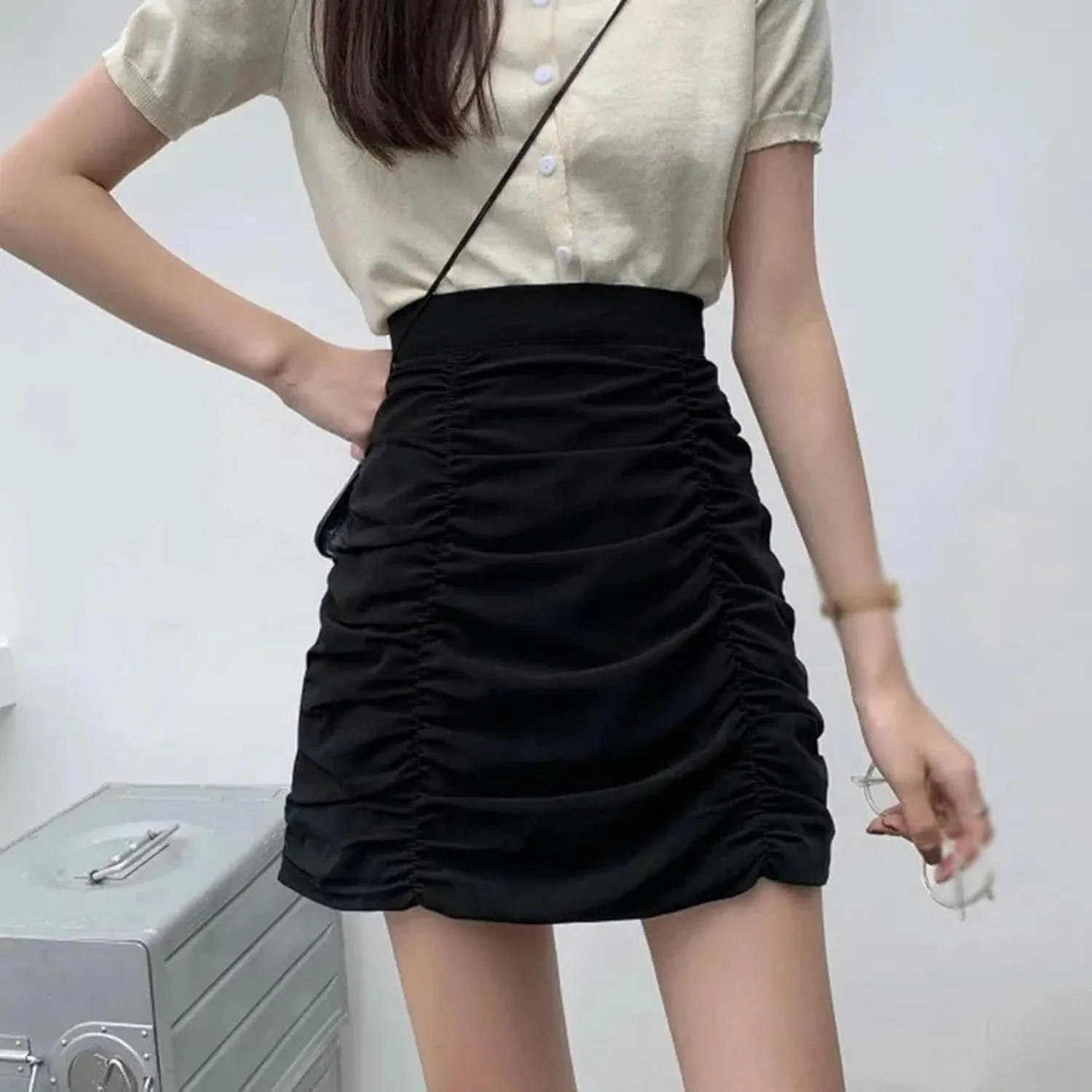 Women's Summer Skirt High Waist Pleated Mini Skirt Casual Stretchy Band Skater Skirt-Black-XL