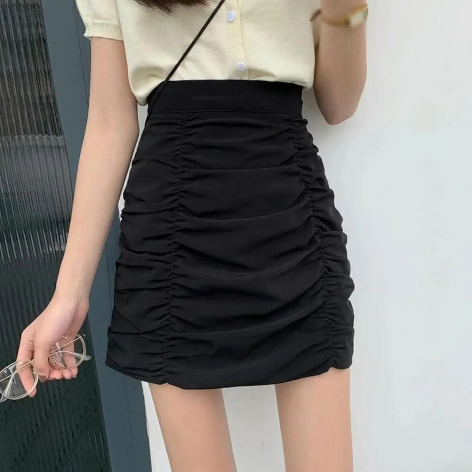 Women's Summer Skirt High Waist Pleated Mini Skirt Casual Stretchy Band Skater Skirt-Black-XL
