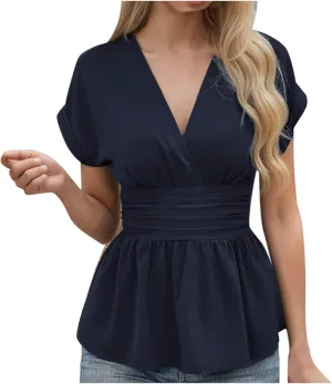 Women's Summer Slim Fit Peplum Tops Elegant Ruffle Trim Wrap Short Sleeve Casual V Neck Smocked Blouses Dressy Shirt