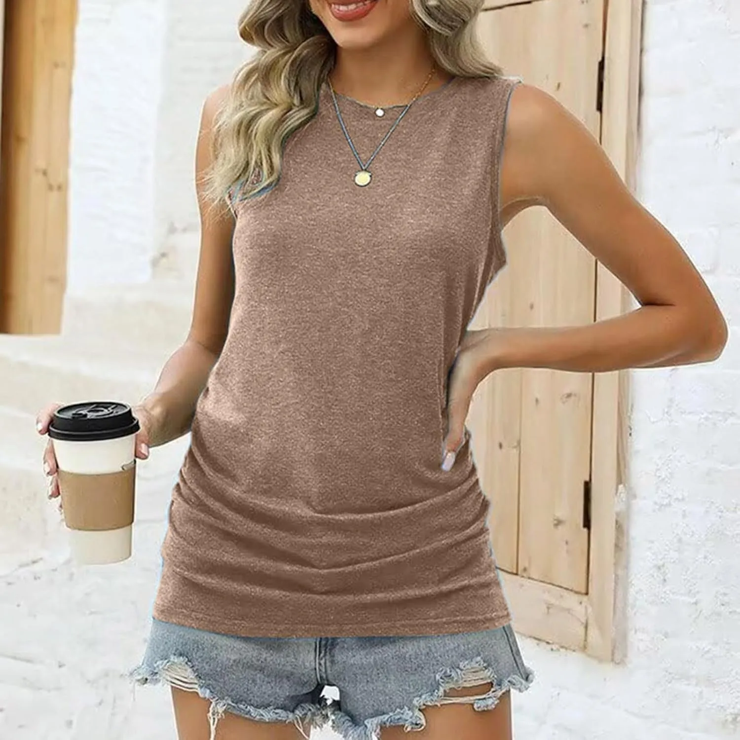 Women's Tank Tops Sleeveless Crew Neck Tee Shirts Summer Solid Color Semi Casual Tops Loose Fit Basic T Shirts