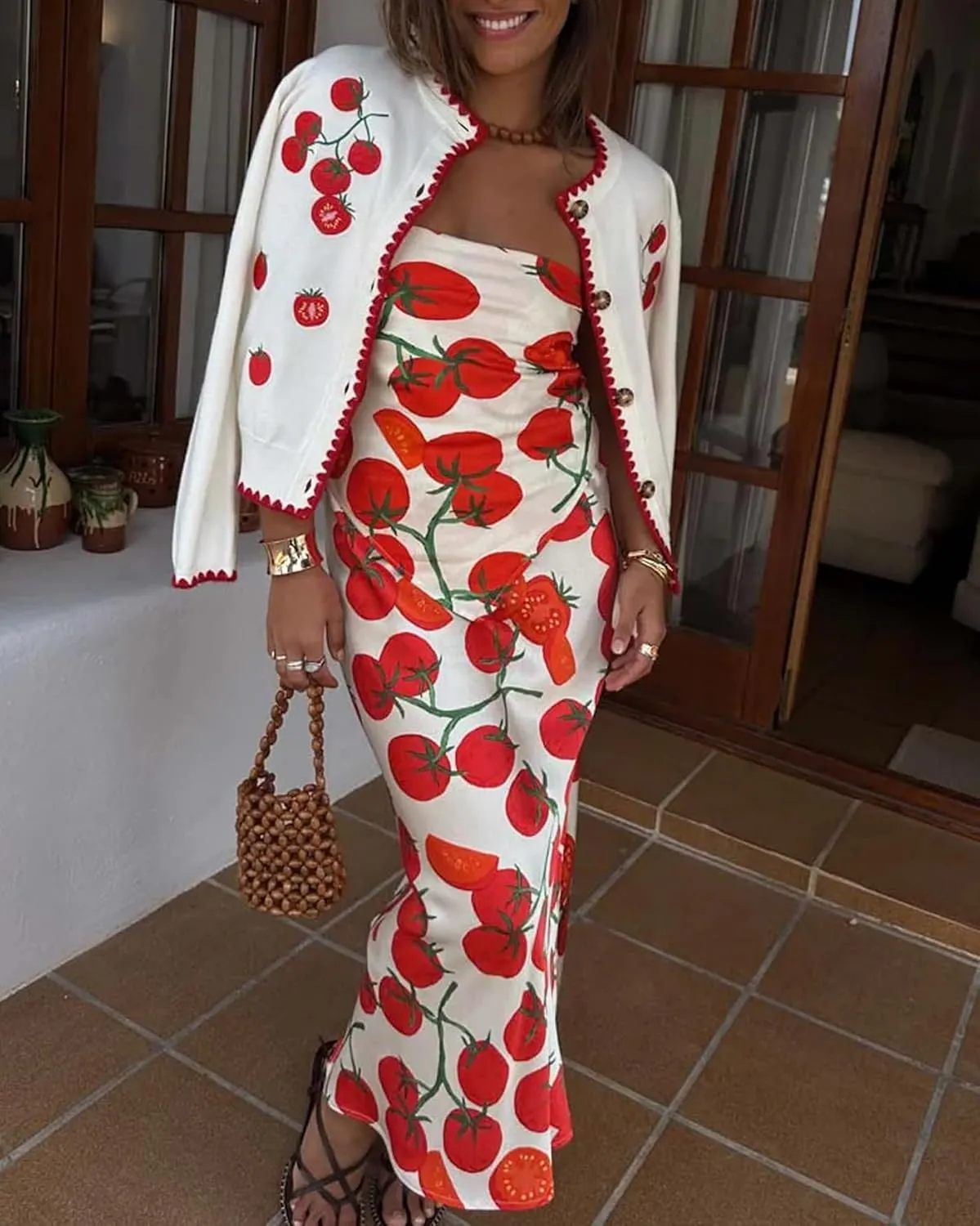 Women's Tomato Embroidered Cardigan Button Down Long Sleeve Crew Neck Knit Sweater Y2K Vintage Sweater Top
