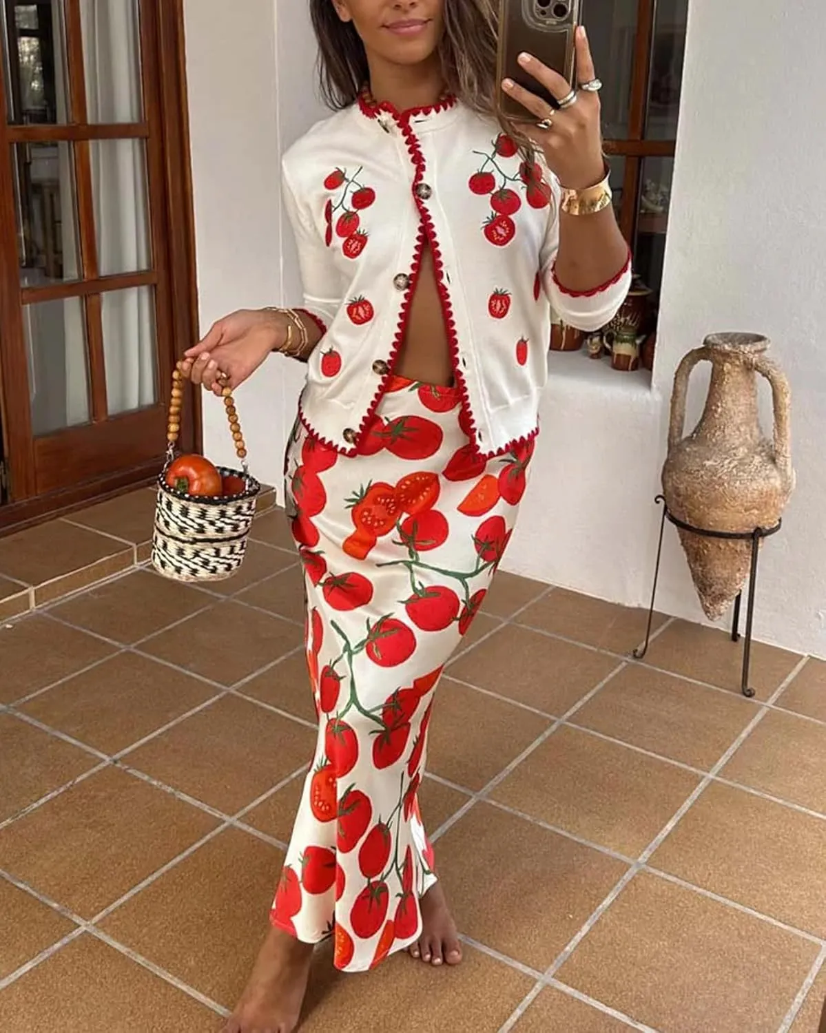 Women's Tomato Embroidered Cardigan Button Down Long Sleeve Crew Neck Knit Sweater Y2K Vintage Sweater Top