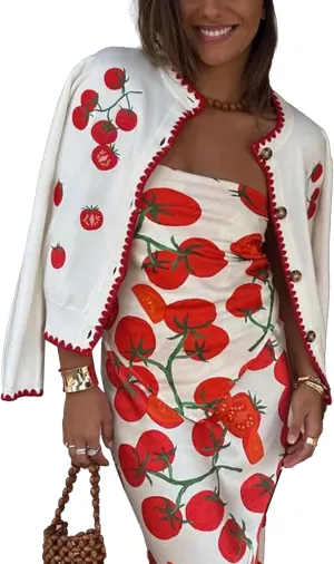 Women's Tomato Embroidered Cardigan Button Down Long Sleeve Crew Neck Knit Sweater Y2K Vintage Sweater Top
