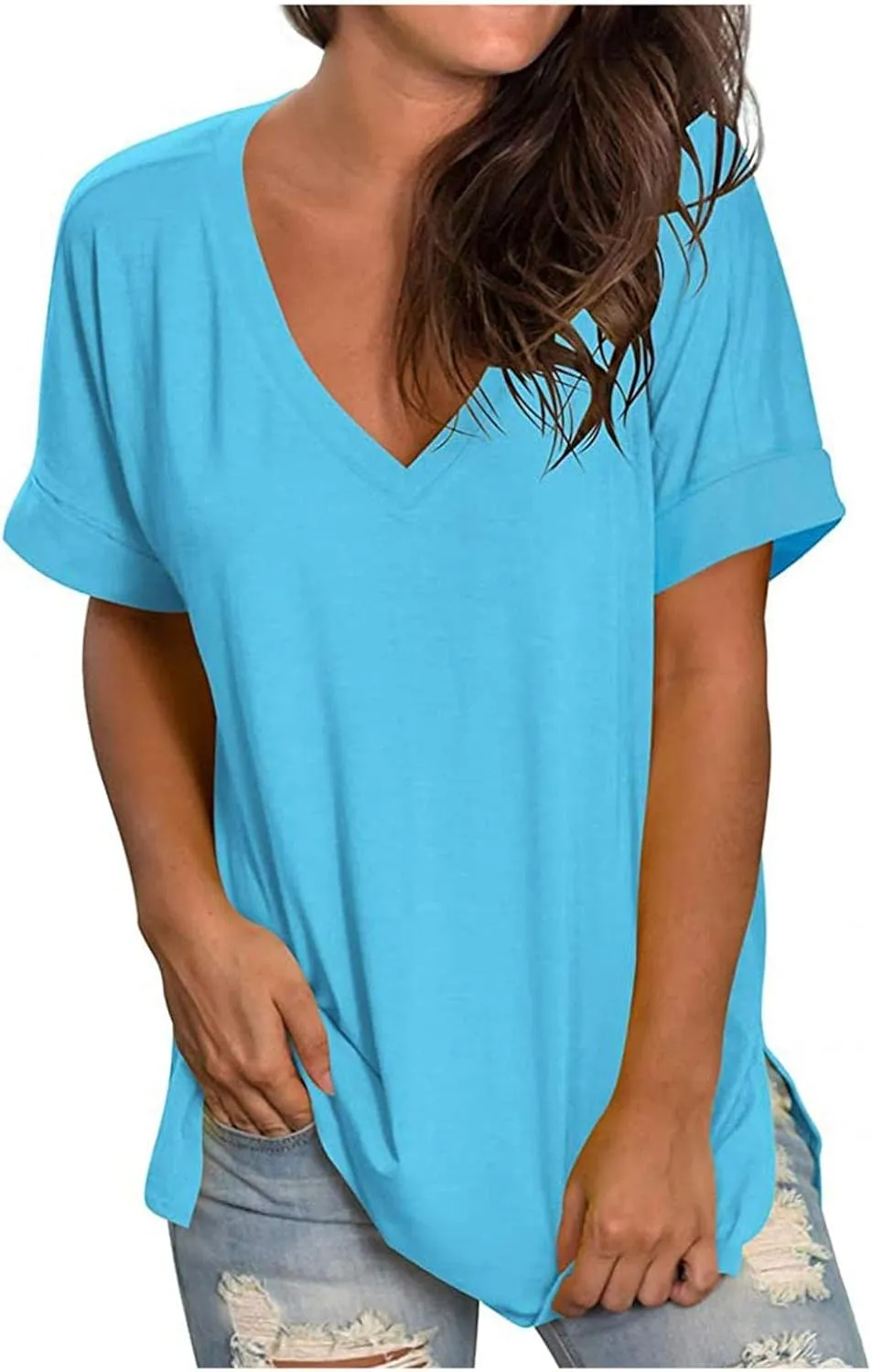 Womens Tops Casual Gradient T-Shirt Comfy Loose Tees V-Neck Tunic Top Short Sleeve Shirts Stripe Pullover Blouse