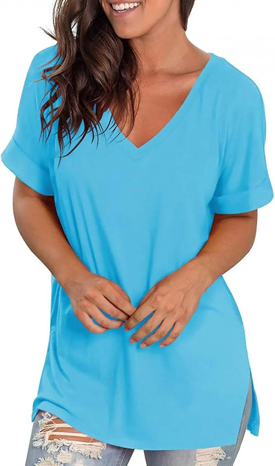 Womens Tops Casual Gradient T-Shirt Comfy Loose Tees V-Neck Tunic Top Short Sleeve Shirts Stripe Pullover Blouse