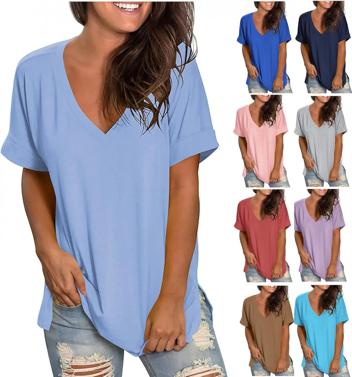 Womens Tops Casual Gradient T-Shirt Comfy Loose Tees V-Neck Tunic Top Short Sleeve Shirts Stripe Pullover Blouse