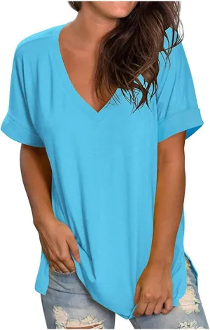 Womens Tops Casual Gradient T-Shirt Comfy Loose Tees V-Neck Tunic Top Short Sleeve Shirts Stripe Pullover Blouse