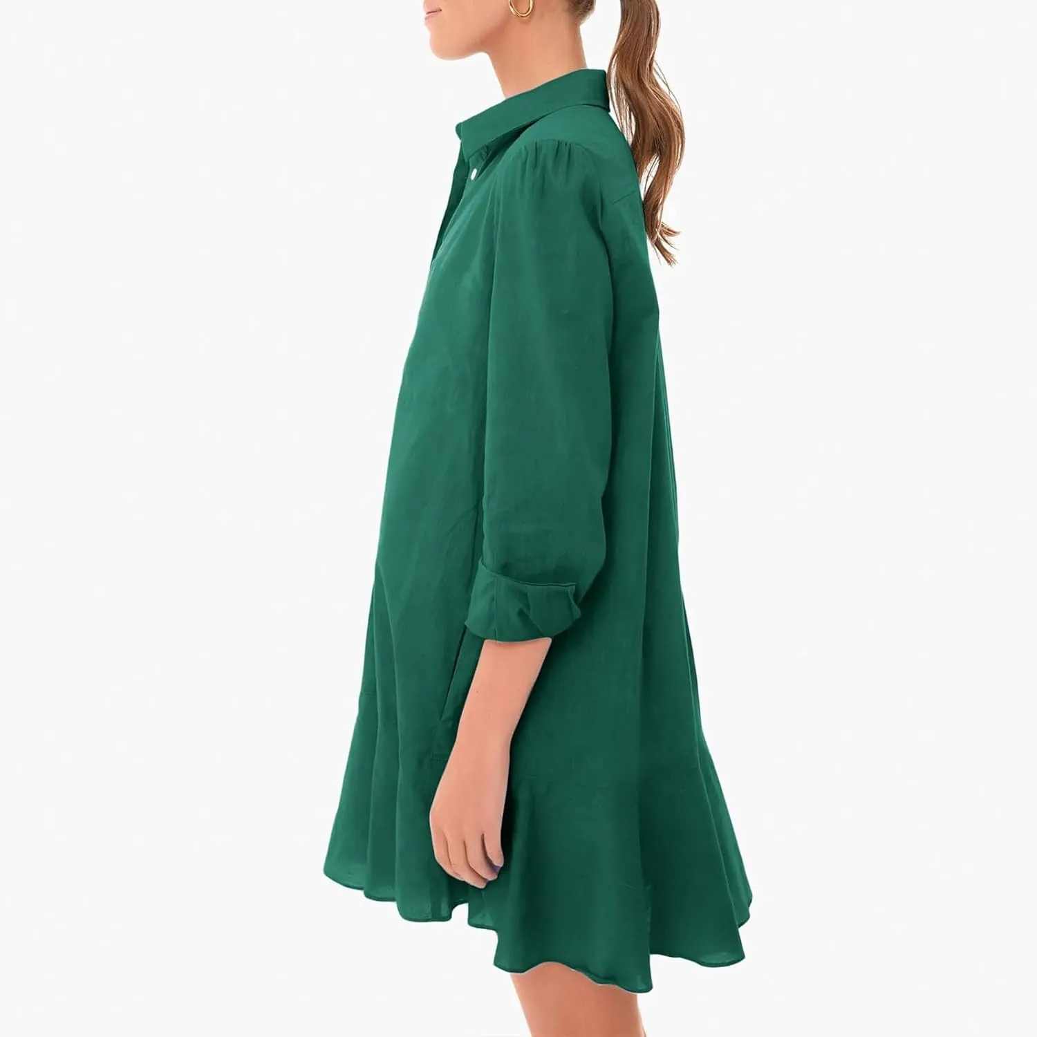 Womens Tunic Shirt Muslim Mini Dress Cotton Linen Long Sleeve Ruffled Hem Dress Button Up Shift Chambray Casual Dress