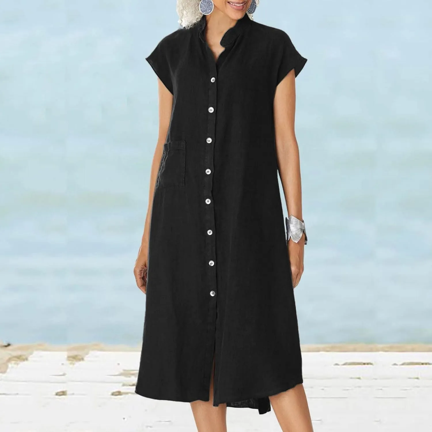 Womens Tunic Shirt Muslim Mini Dress Cotton Linen Long Sleeve Ruffled Hem Dress Button Up Shift Chambray Casual Dress