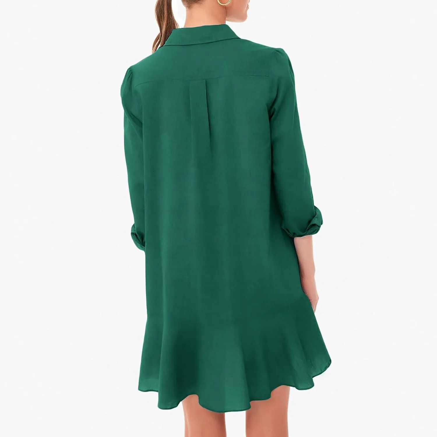 Womens Tunic Shirt Muslim Mini Dress Cotton Linen Long Sleeve Ruffled Hem Dress Button Up Shift Chambray Casual Dress
