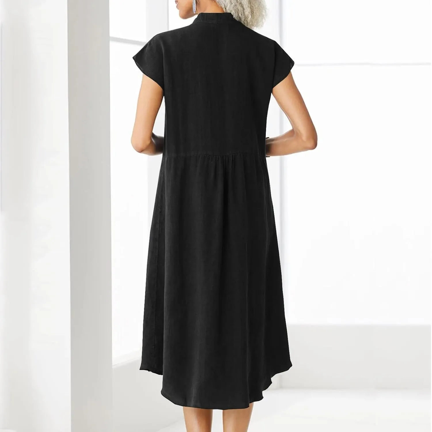 Womens Tunic Shirt Muslim Mini Dress Cotton Linen Long Sleeve Ruffled Hem Dress Button Up Shift Chambray Casual Dress
