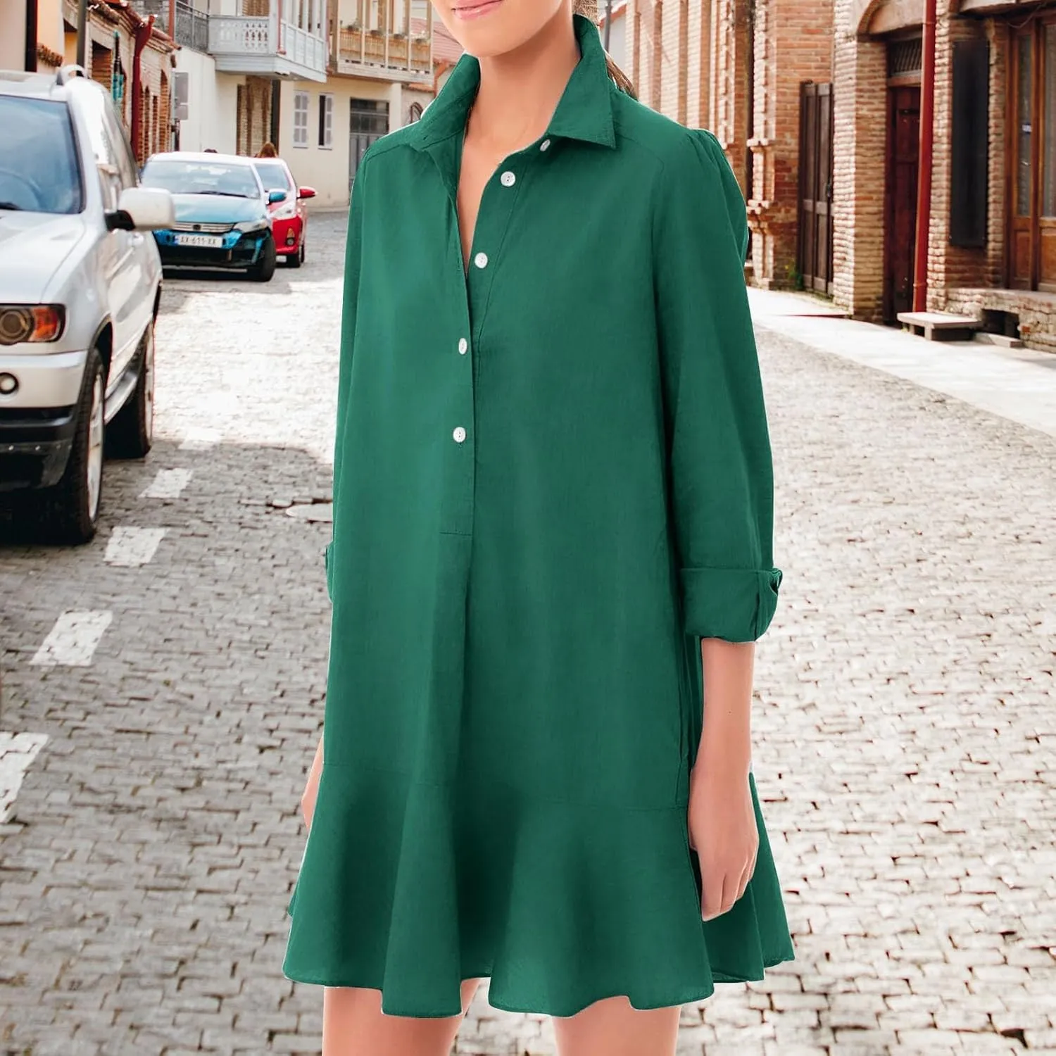 Womens Tunic Shirt Muslim Mini Dress Cotton Linen Long Sleeve Ruffled Hem Dress Button Up Shift Chambray Casual Dress