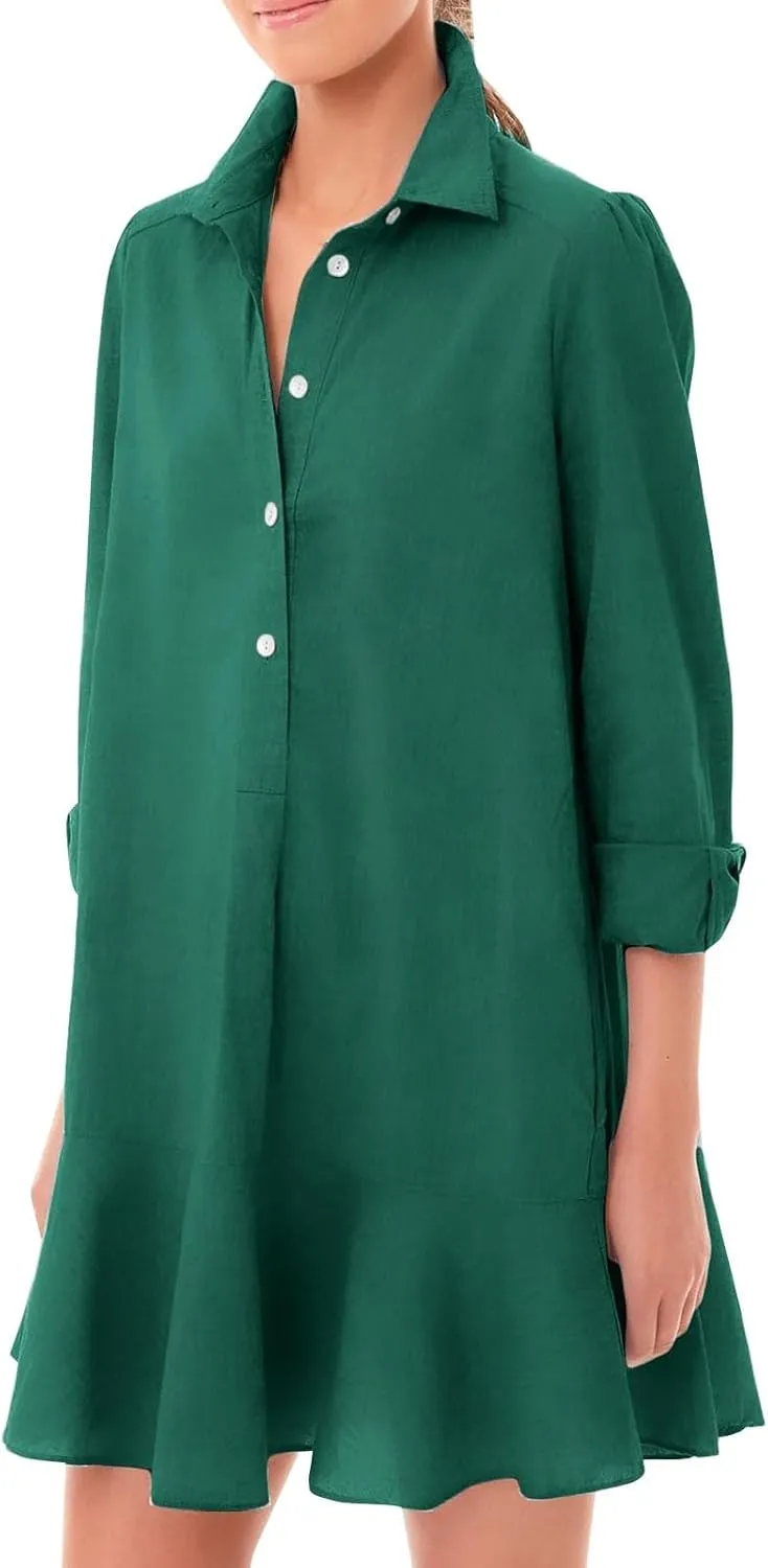 Womens Tunic Shirt Muslim Mini Dress Cotton Linen Long Sleeve Ruffled Hem Dress Button Up Shift Chambray Casual Dress