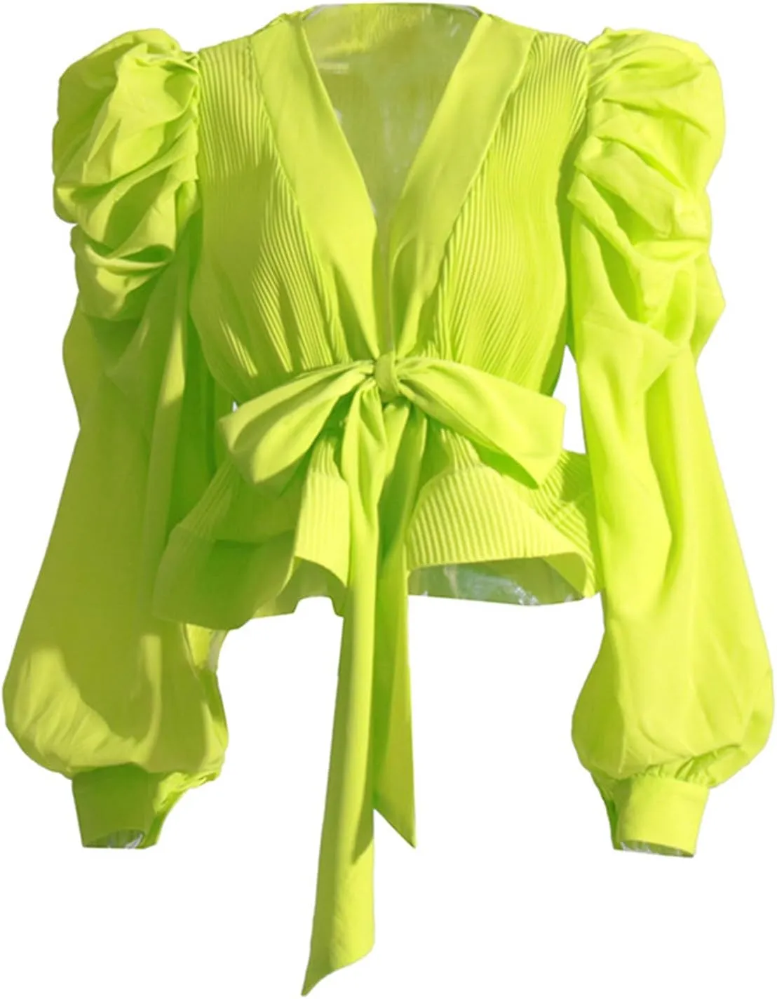 Womens V Neck Puff Long Sleeve Shirt Tops Pleated Ruffles Front Lace Up Fashion Casual Blouse