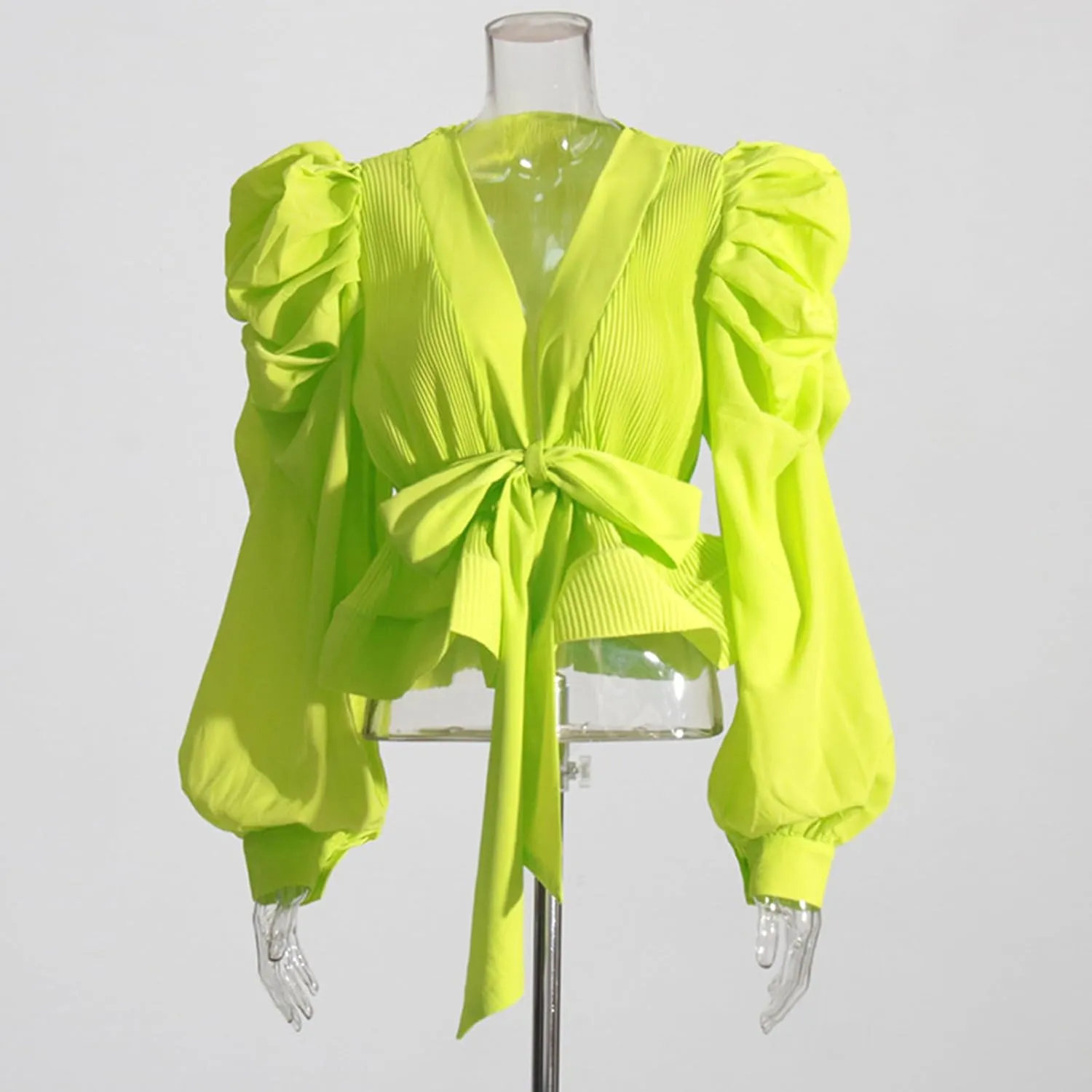 Womens V Neck Puff Long Sleeve Shirt Tops Pleated Ruffles Front Lace Up Fashion Casual Blouse