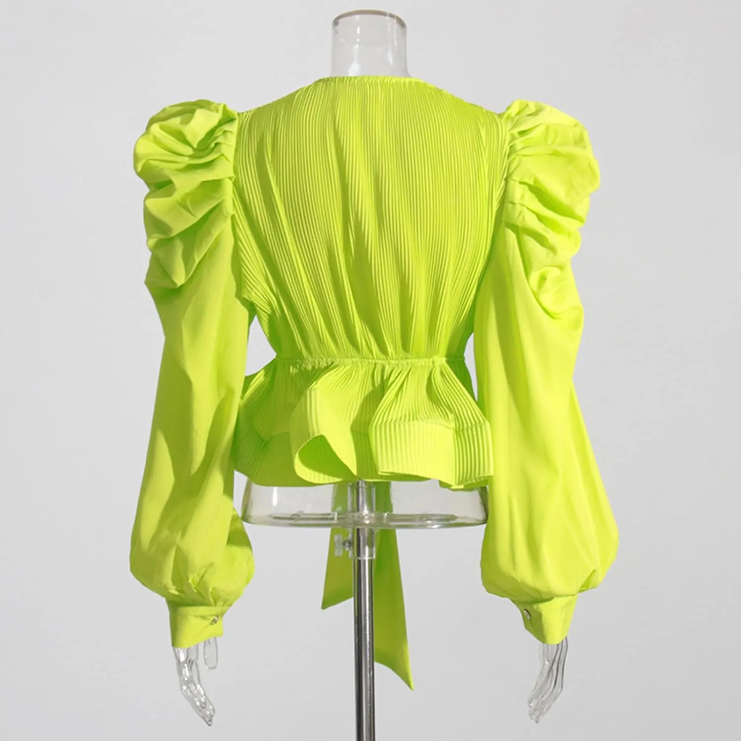Womens V Neck Puff Long Sleeve Shirt Tops Pleated Ruffles Front Lace Up Fashion Casual Blouse