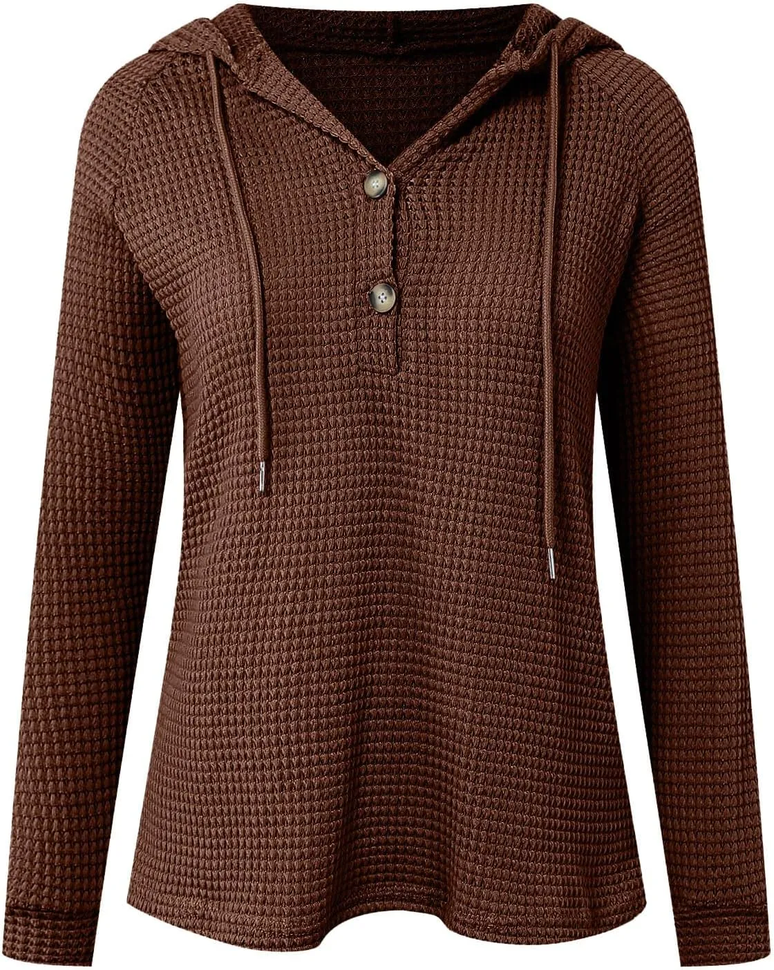 Women's Waffle Knit Hoodies Drawstring Button V Neck Long Sleeve Pullovers Sweatshirts Casual Fall Hooded Tops