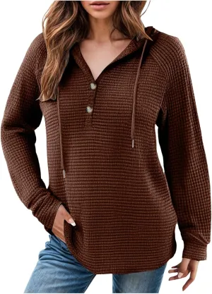 Women's Waffle Knit Hoodies Drawstring Button V Neck Long Sleeve Pullovers Sweatshirts Casual Fall Hooded Tops