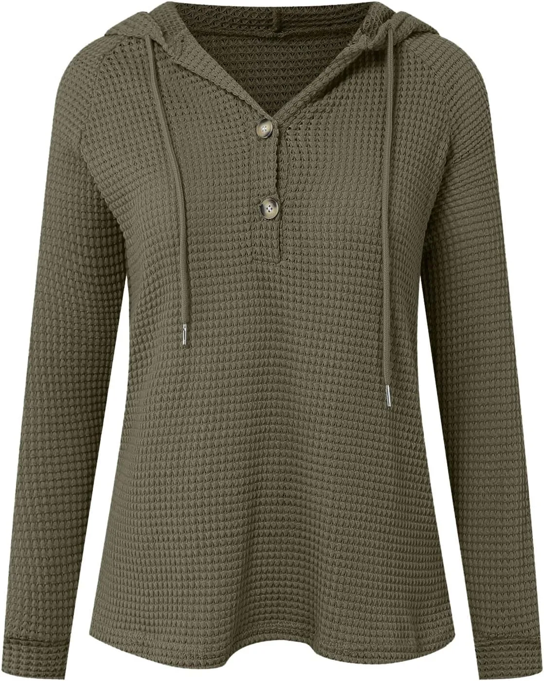 Women's Waffle Knit Hoodies Drawstring Button V Neck Long Sleeve Pullovers Sweatshirts Casual Fall Hooded Tops