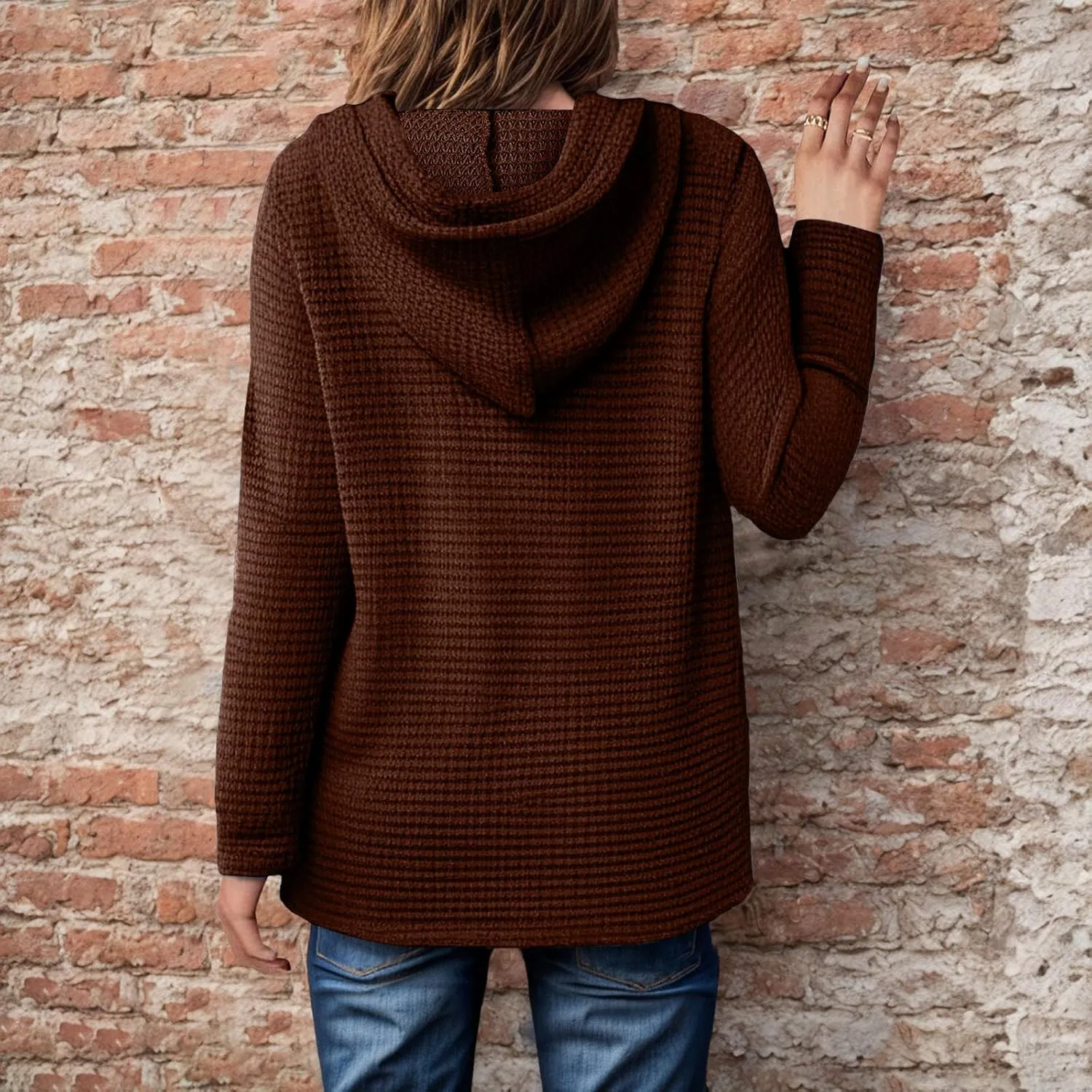 Women's Waffle Knit Hoodies Drawstring Button V Neck Long Sleeve Pullovers Sweatshirts Casual Fall Hooded Tops