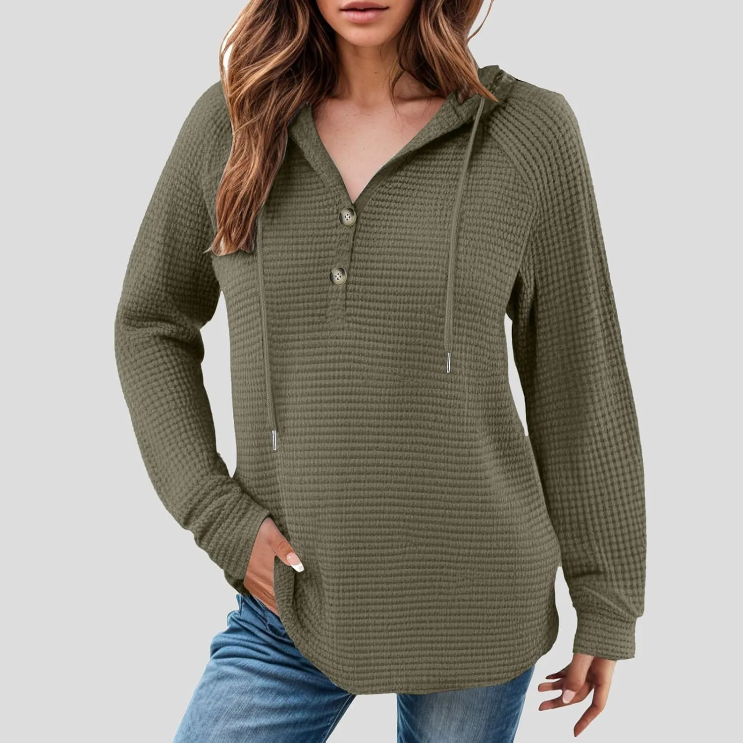 Women's Waffle Knit Hoodies Drawstring Button V Neck Long Sleeve Pullovers Sweatshirts Casual Fall Hooded Tops
