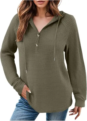 Women's Waffle Knit Hoodies Drawstring Button V Neck Long Sleeve Pullovers Sweatshirts Casual Fall Hooded Tops