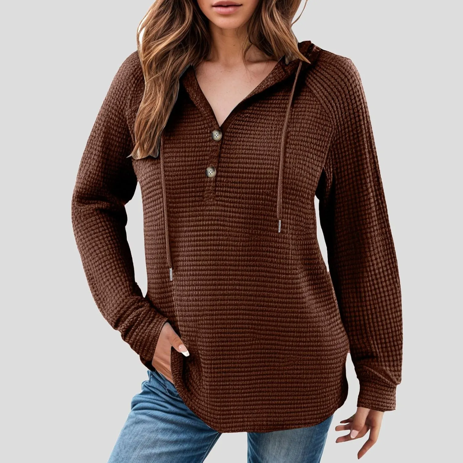 Women's Waffle Knit Hoodies Drawstring Button V Neck Long Sleeve Pullovers Sweatshirts Casual Fall Hooded Tops