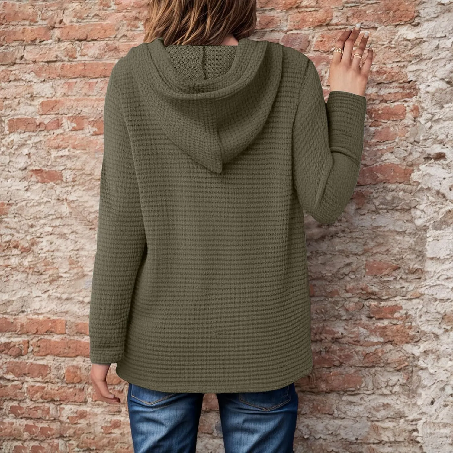 Women's Waffle Knit Hoodies Drawstring Button V Neck Long Sleeve Pullovers Sweatshirts Casual Fall Hooded Tops