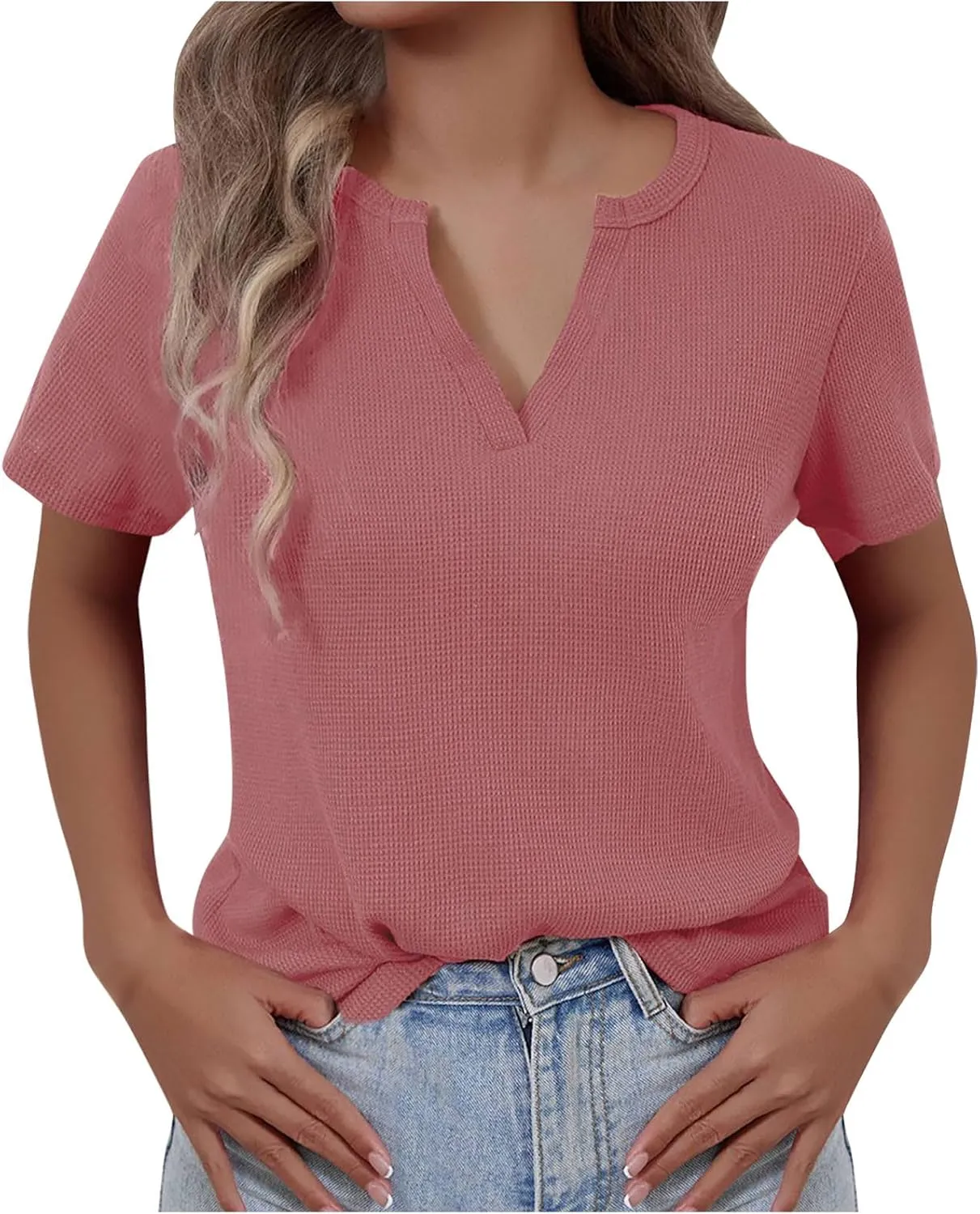 Women's Waffle Knit Tops Loose Short Sleeve V-Neck Shirts Summer Casual Blouse