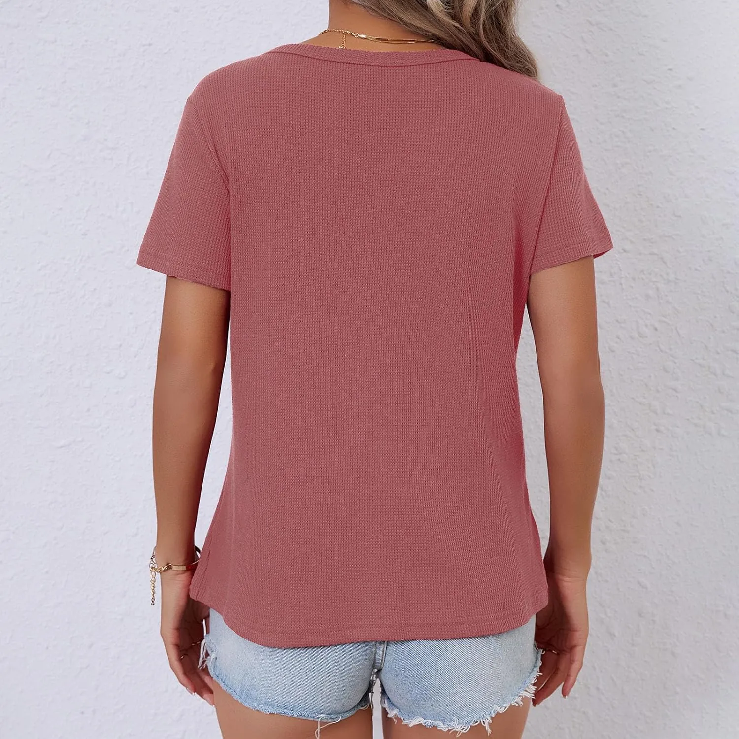 Women's Waffle Knit Tops Loose Short Sleeve V-Neck Shirts Summer Casual Blouse