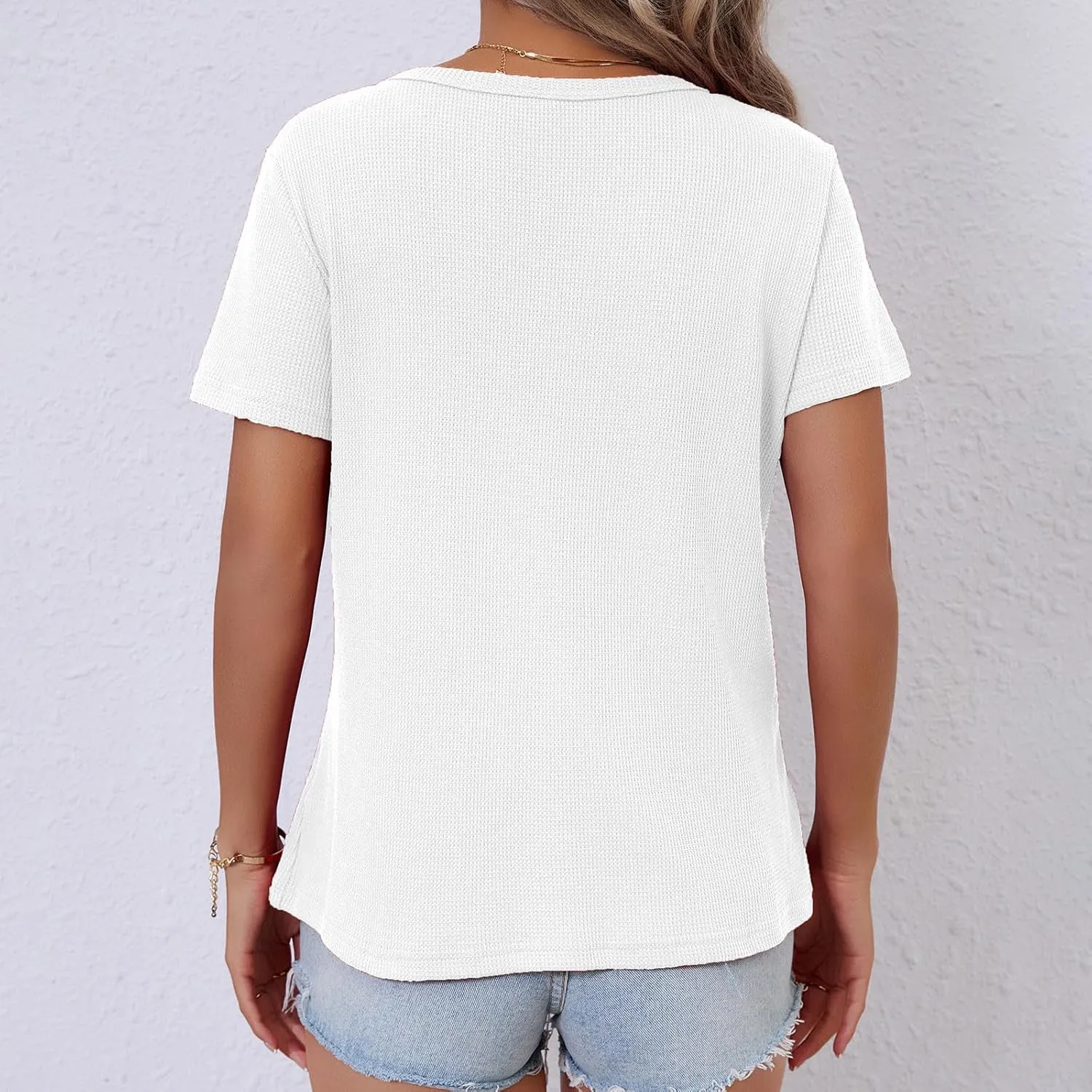 Women's Waffle Knit Tops Loose Short Sleeve V-Neck Shirts Summer Casual Blouse