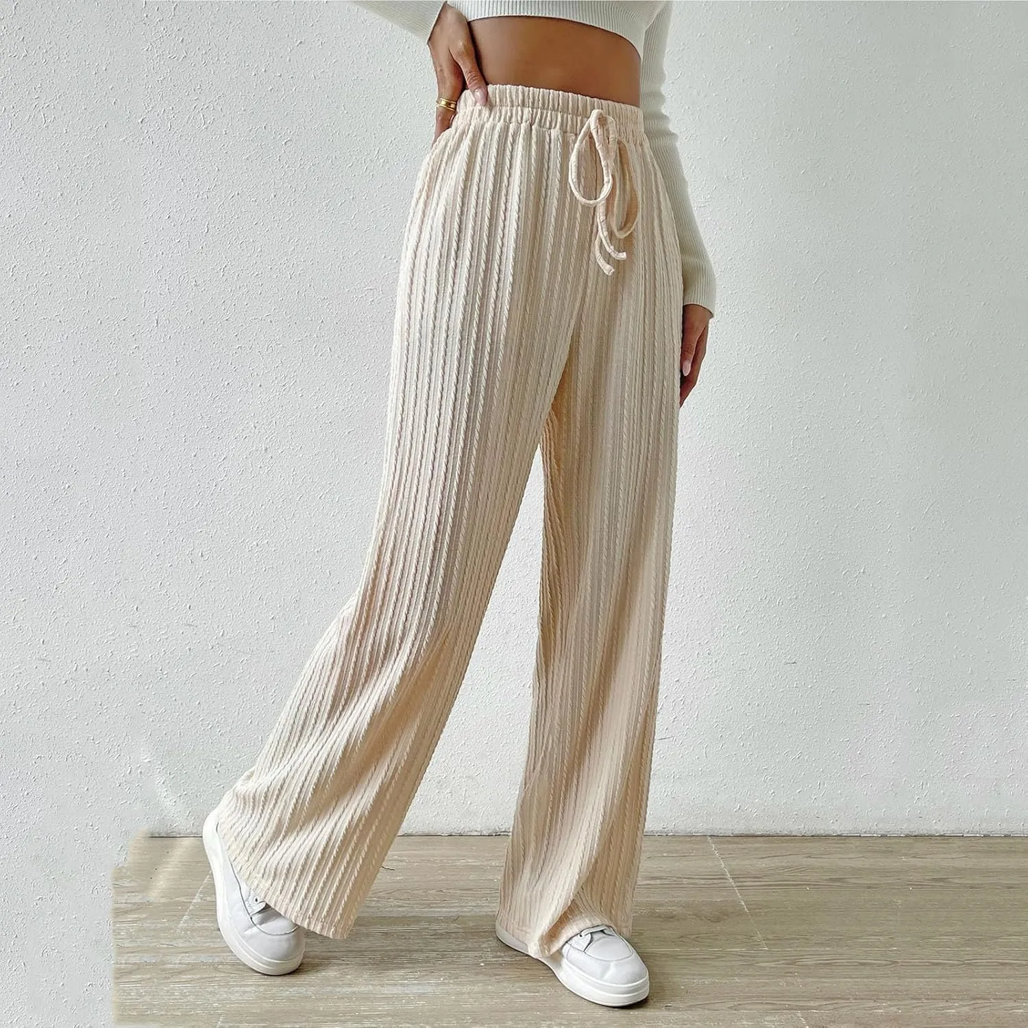 Women's Wide Leg Ribbed Knit Pants High Waist Elastic Drawstring Straight Pants Baggy Casual Trousers with Pockrts