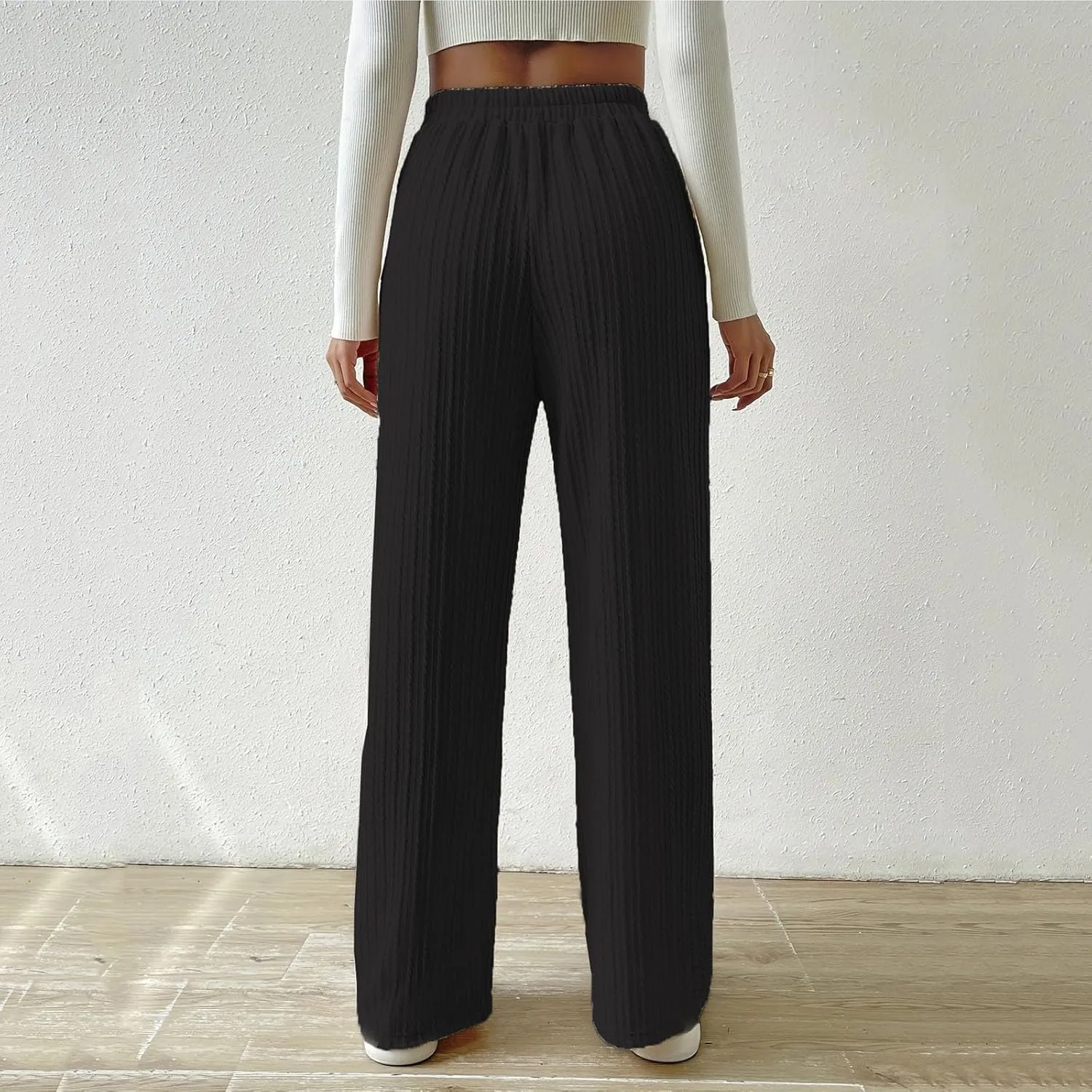 Women's Wide Leg Ribbed Knit Pants High Waist Elastic Drawstring Straight Pants Baggy Casual Trousers with Pockrts