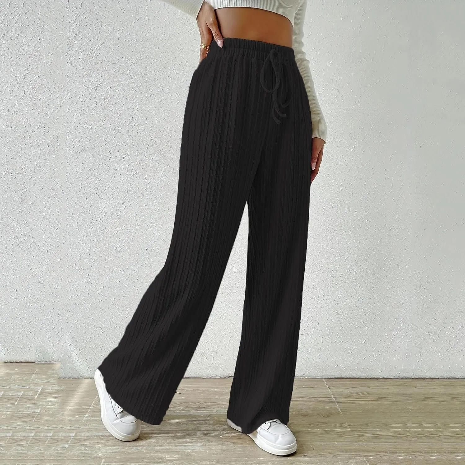 Women's Wide Leg Ribbed Knit Pants High Waist Elastic Drawstring Straight Pants Baggy Casual Trousers with Pockrts