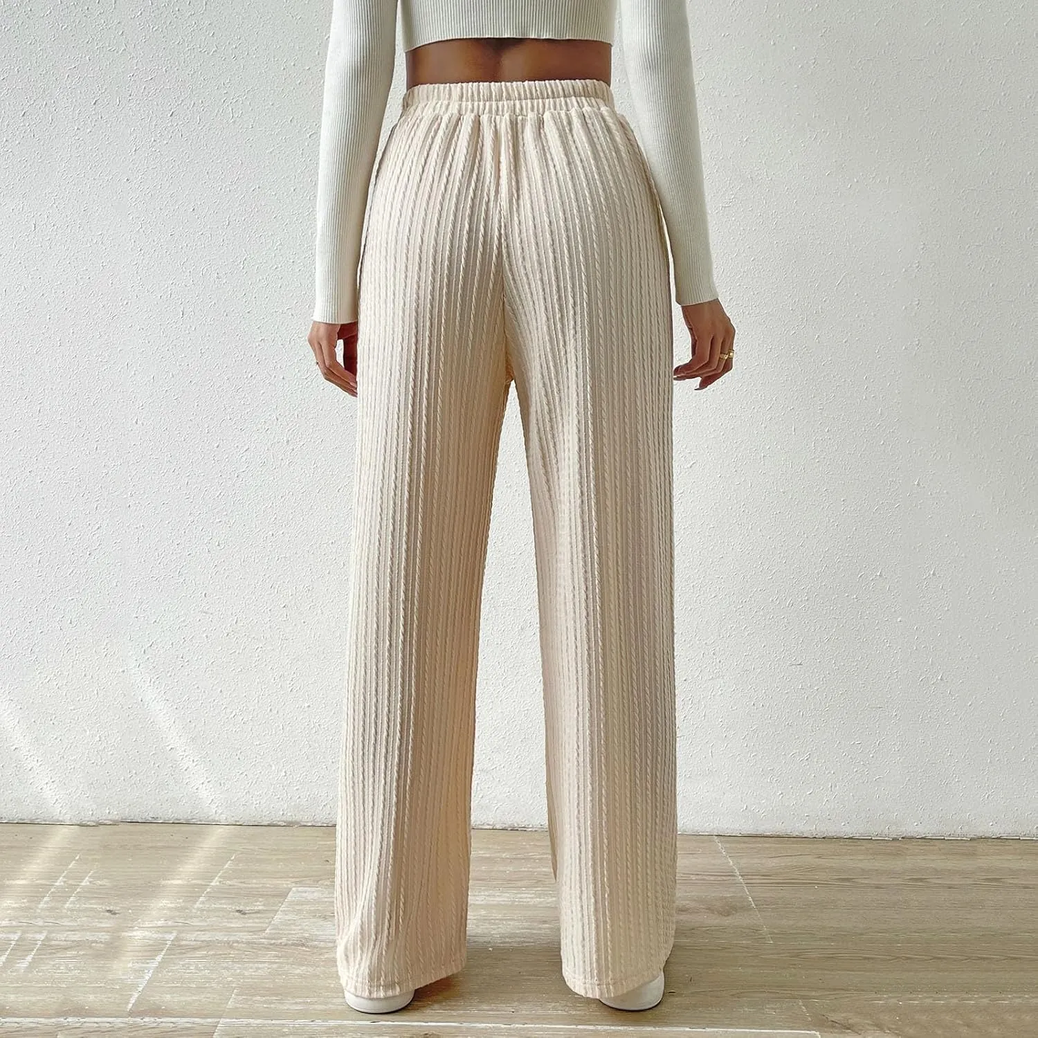 Women's Wide Leg Ribbed Knit Pants High Waist Elastic Drawstring Straight Pants Baggy Casual Trousers with Pockrts