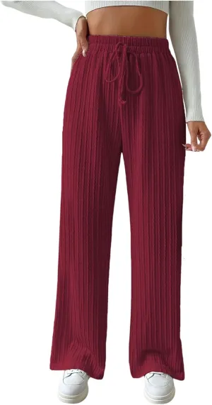 Women's Wide Leg Ribbed Knit Pants High Waist Elastic Drawstring Straight Pants Baggy Casual Trousers with Pockrts