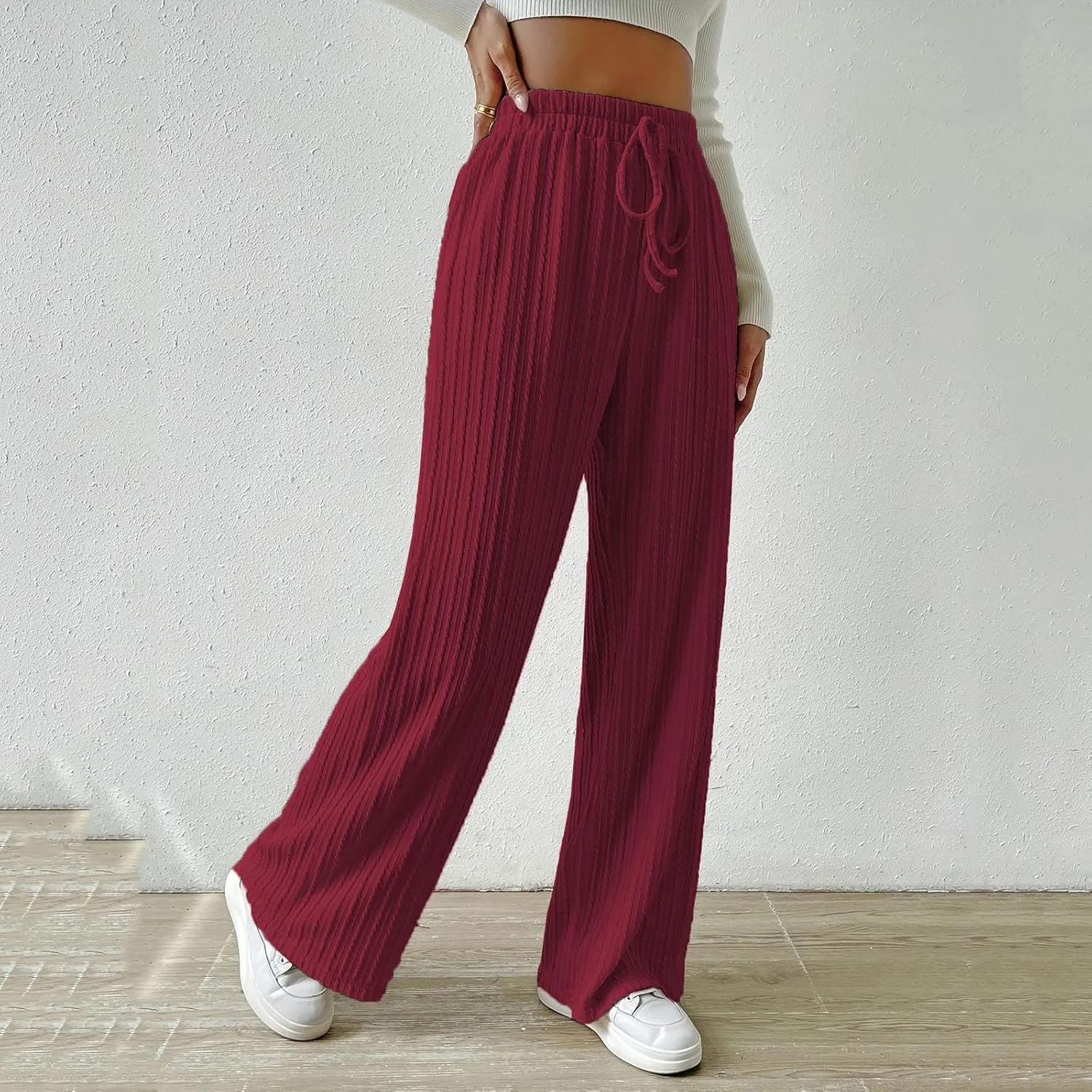 Women's Wide Leg Ribbed Knit Pants High Waist Elastic Drawstring Straight Pants Baggy Casual Trousers with Pockrts