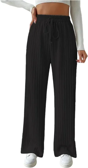 Women's Wide Leg Ribbed Knit Pants High Waist Elastic Drawstring Straight Pants Baggy Casual Trousers with Pockrts