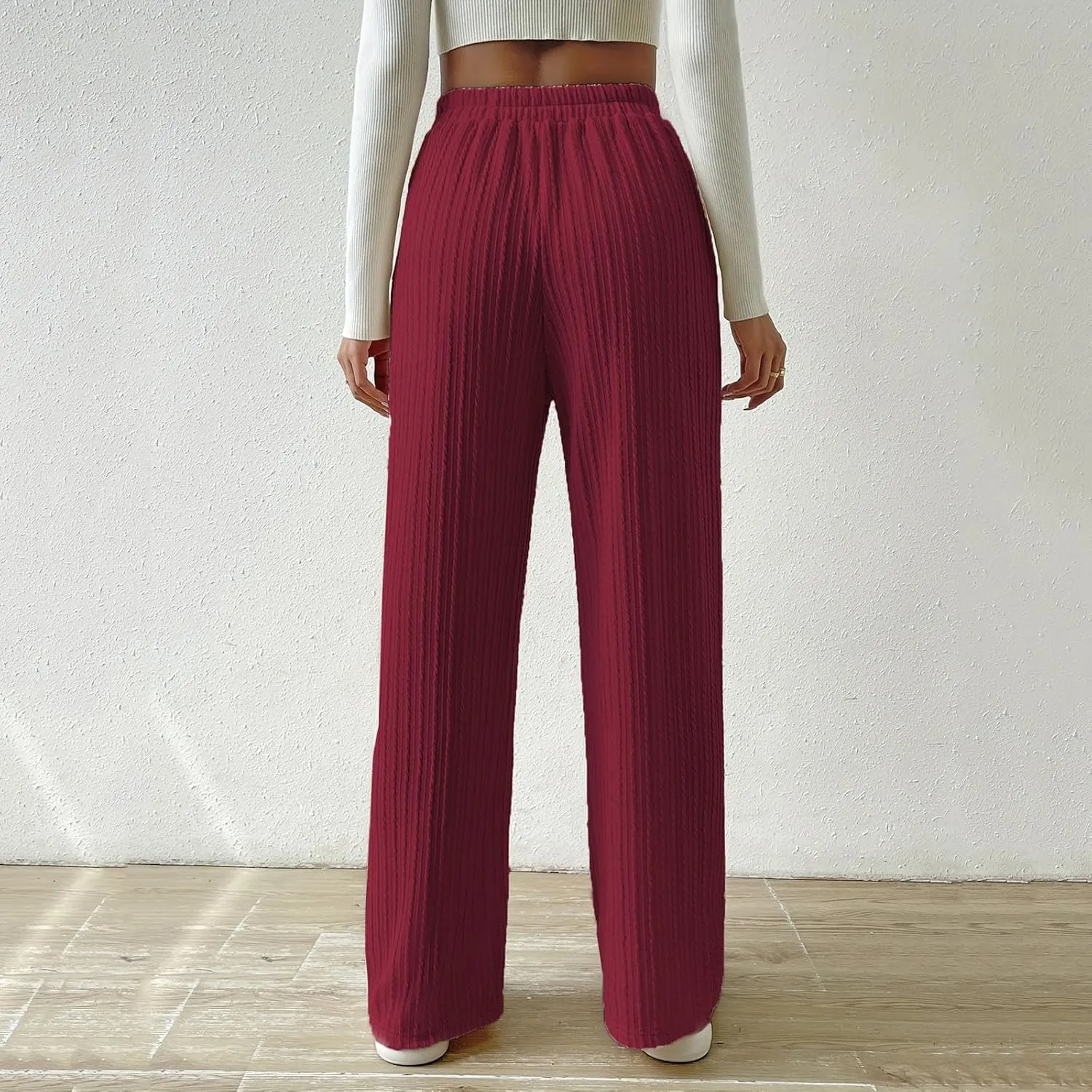 Women's Wide Leg Ribbed Knit Pants High Waist Elastic Drawstring Straight Pants Baggy Casual Trousers with Pockrts