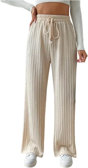 Women's Wide Leg Ribbed Knit Pants High Waist Elastic Drawstring Straight Pants Baggy Casual Trousers with Pockrts