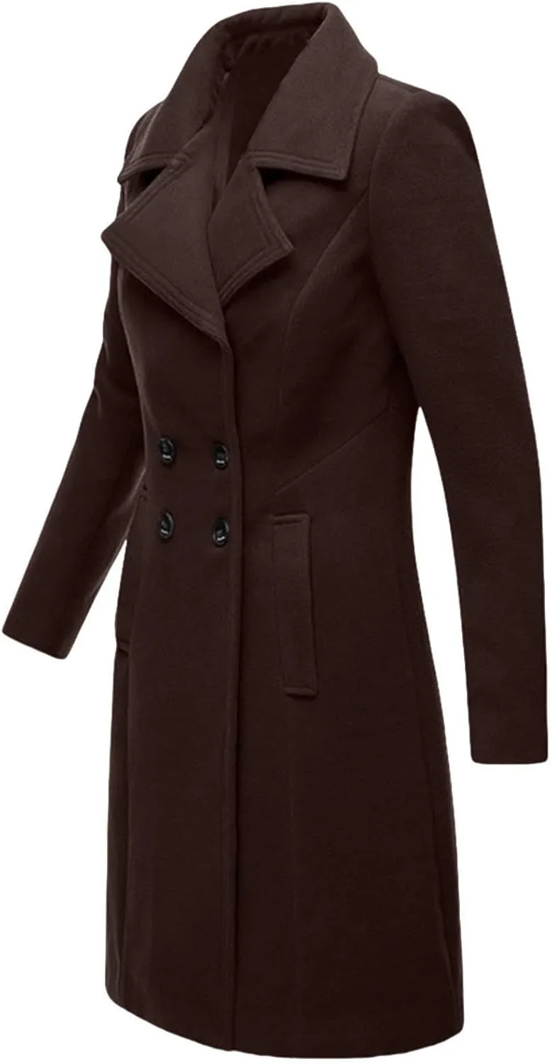 Womens Winter Pea Coats 2024 Casual Mid Long Length Trench Coat Notch Lapel Double Breasted Wool Coat Overcoats